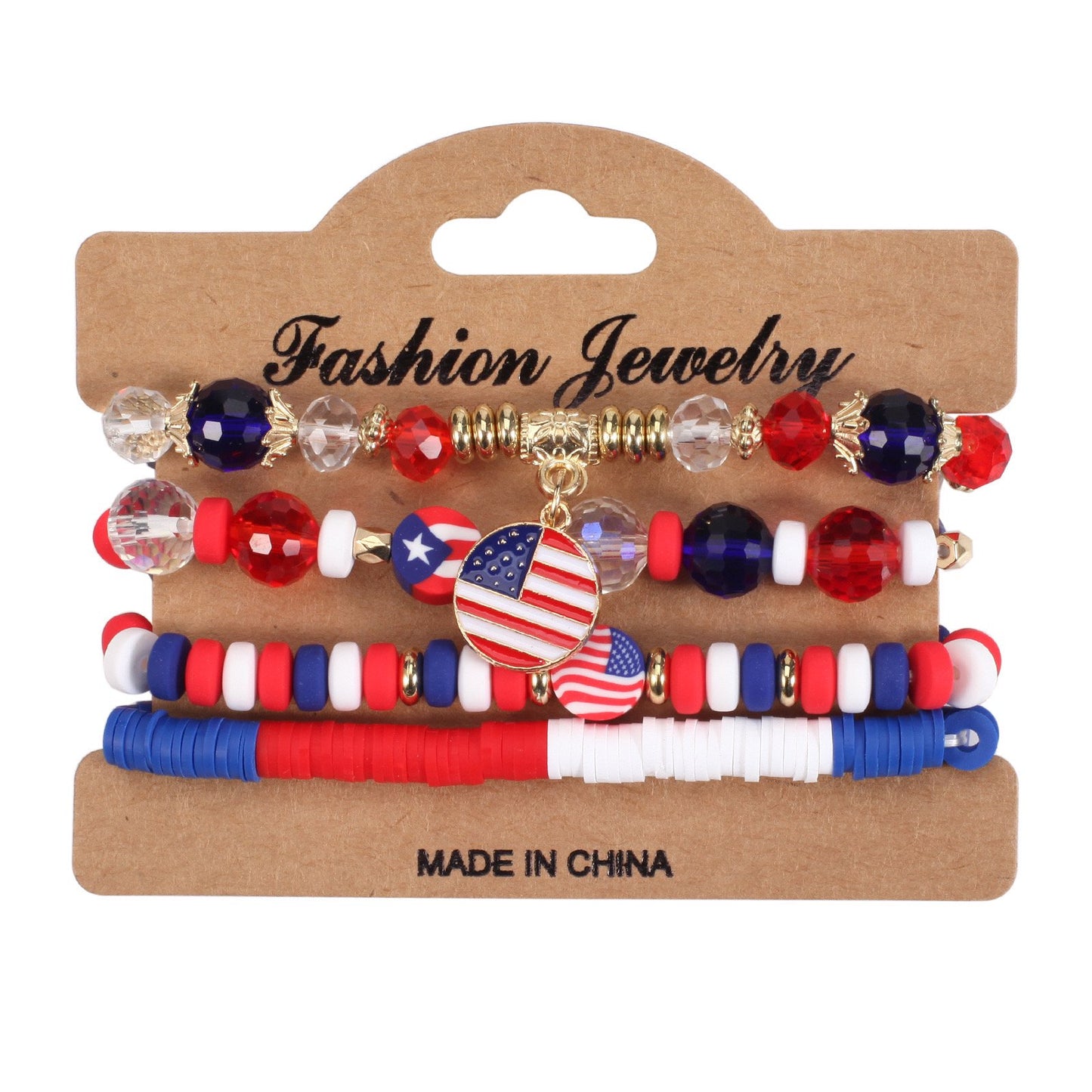 USA American Flag 4PCS Bracelet Set For Women Mens Red Blue White Beads Stretch Bracelet Set Patriotic 4th Of July Independence Day Gift