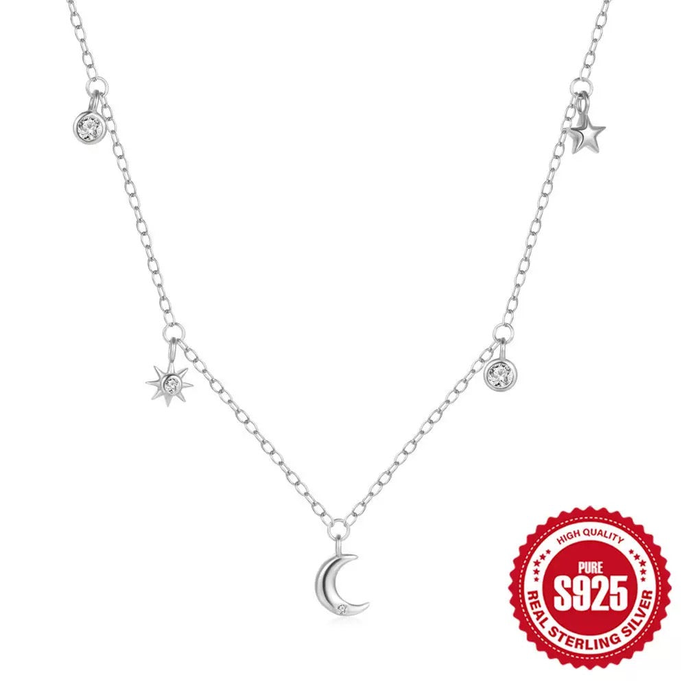 HESHPAWS Stars and Moon Clear, Cubic Zirconia Necklace, Sterling Silver, 18 Inches