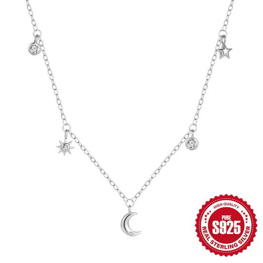HESHPAWS Stars and Moon Clear, Cubic Zirconia Necklace, Sterling Silver, 18 Inches