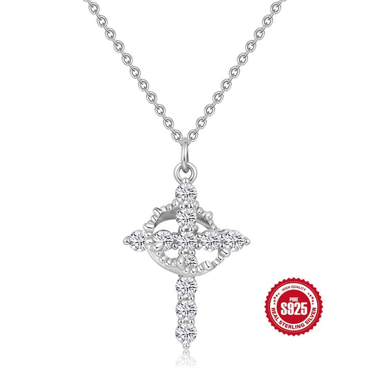 HESHPAWS S925 sterling silver cross rotating crown necklace, women's zircon cross necklace exquisite pendant necklace